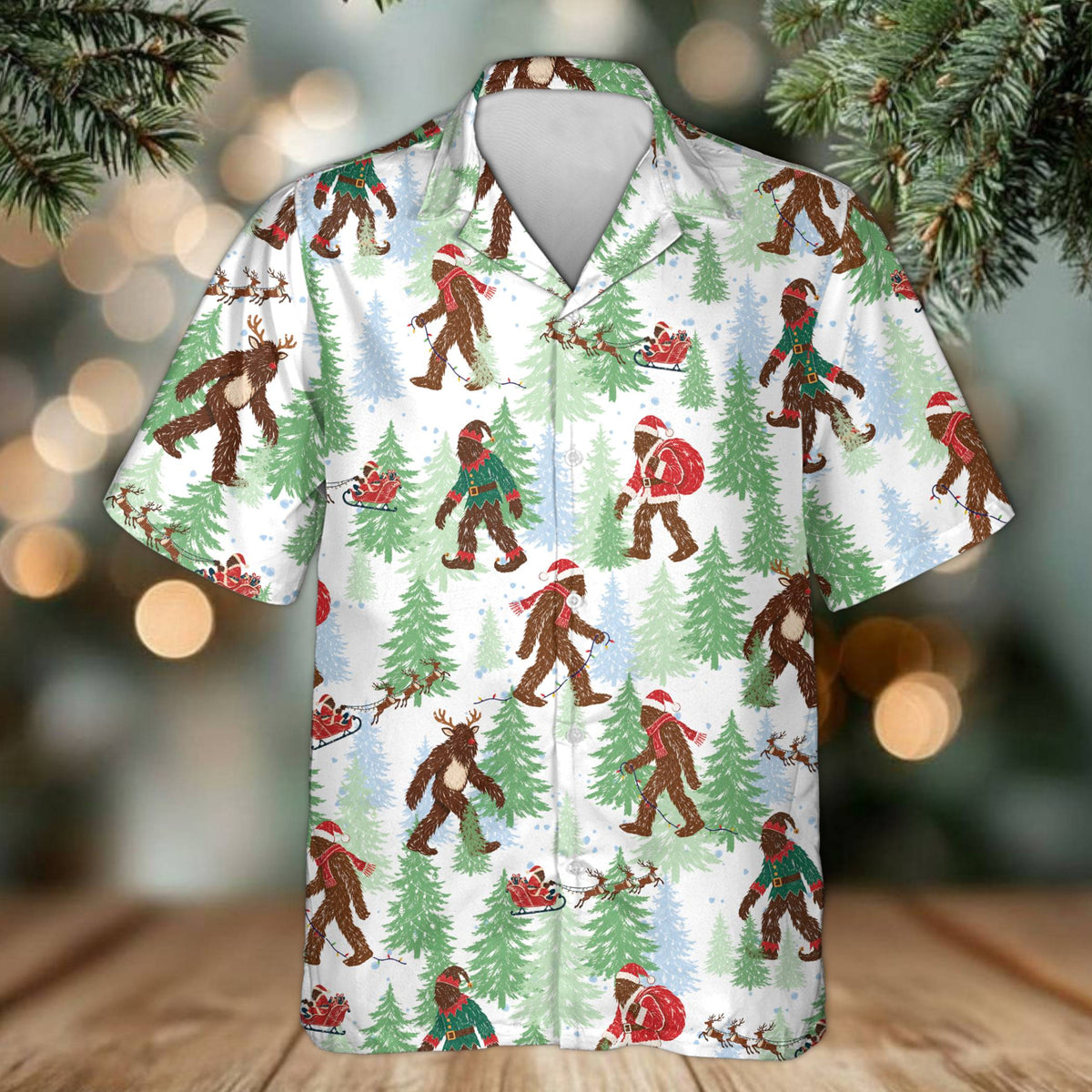 White background front view of the matching family bigfoot hawaiian shirt