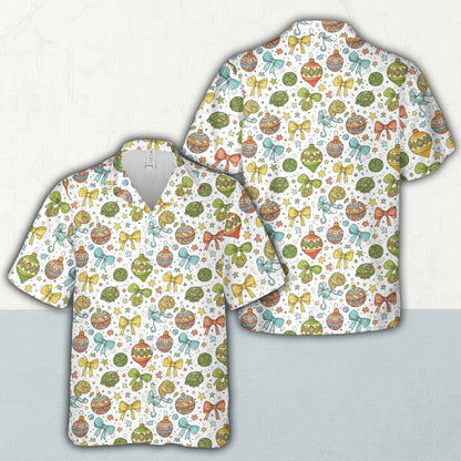 White hawaiian christmas shirt displaying ribbons and festive confetti, front view