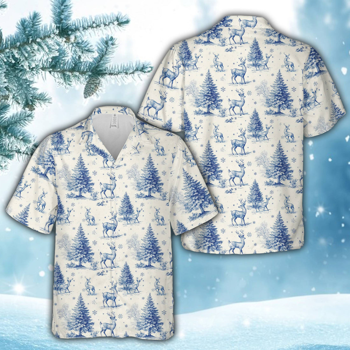 Close up front view of the blue and white toile patterned hawaiian christmas shirt