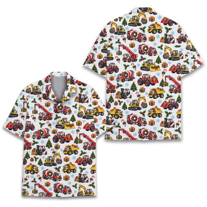 Close-up front view of the christmas hawaiian shirt showing festive cement mixers