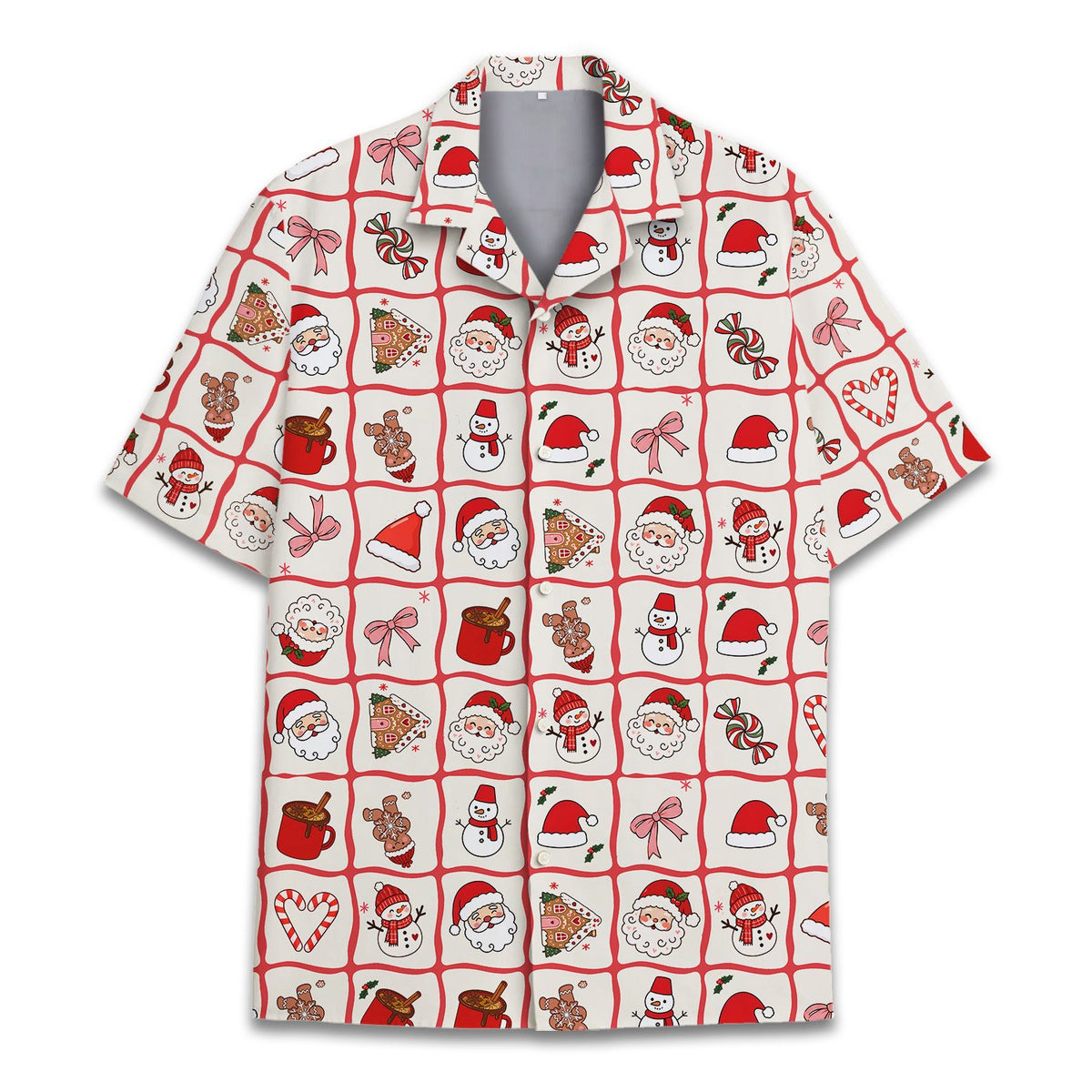 Close-up front view of the festive Christmas pattern hawaiian shirt