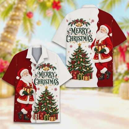 Detailed view of the Merry Christmas text and gifts on the white side of the shirt