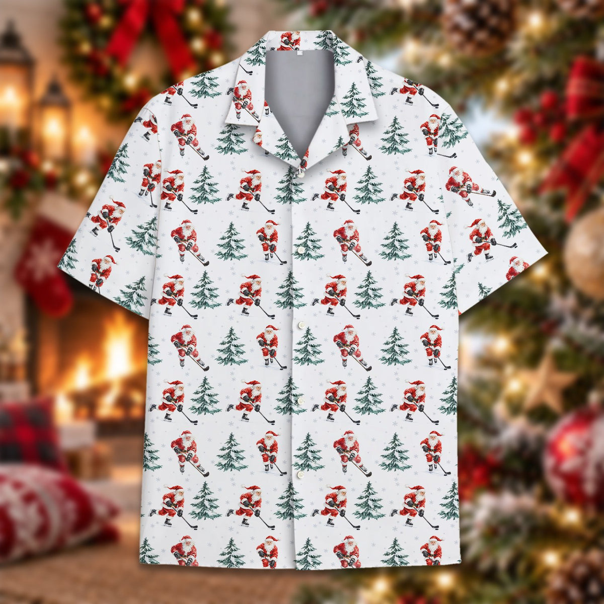Close-up front angle of the white holiday hawaiian shirt