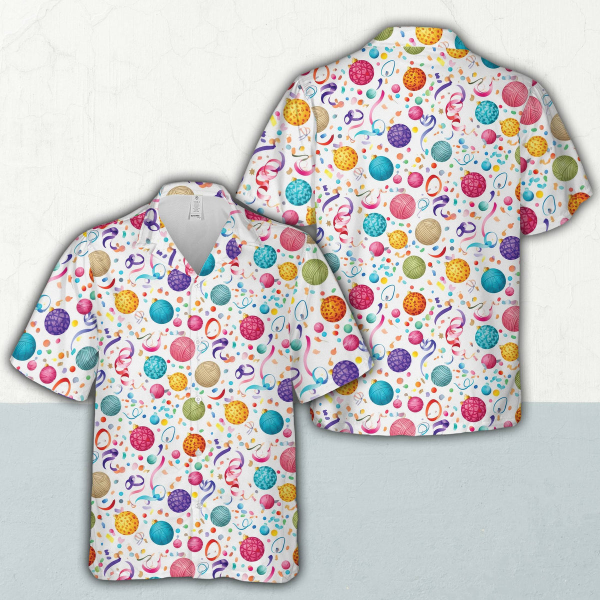 White christmas hawaiian shirt featuring festive ornaments and ribbons, front view