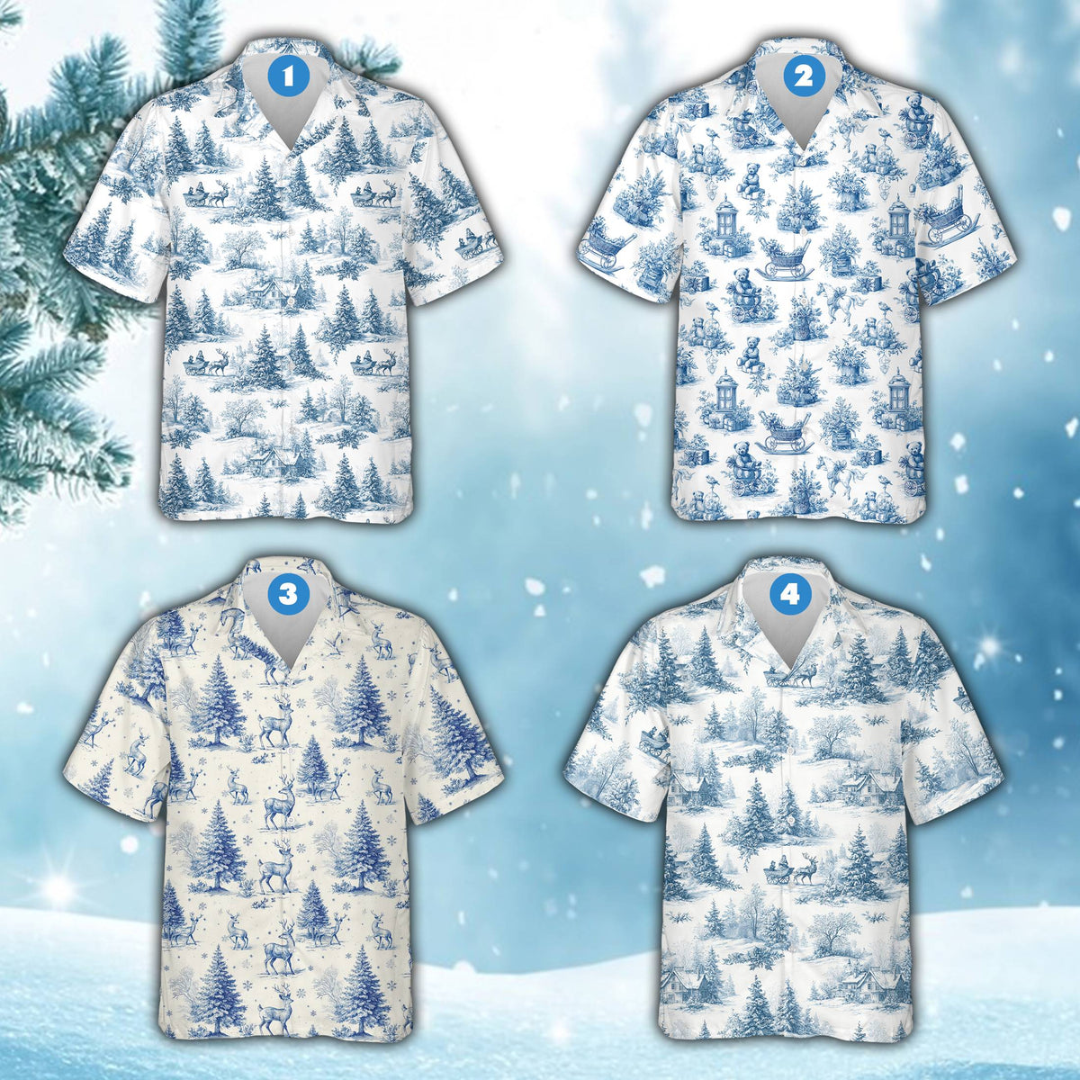 Front view of the blue and white toile christmas hawaiian shirt showing snowy landscape motifs