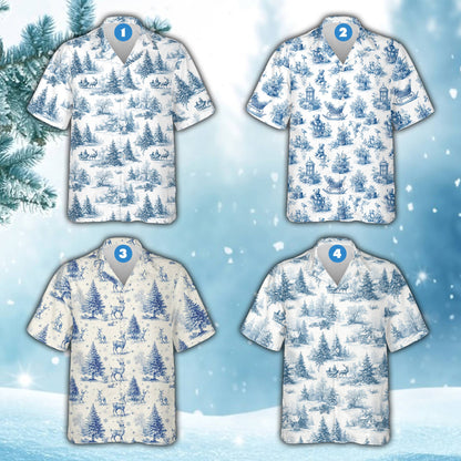 Front view of the blue and white toile christmas hawaiian shirt showing snowy landscape motifs