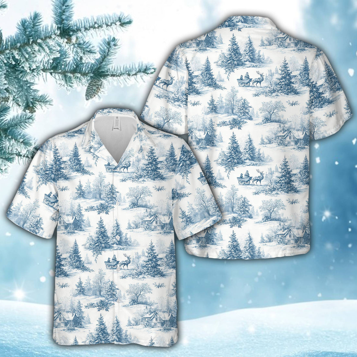 Additional front view displaying the sleigh and reindeer design on the hawaiian shirt