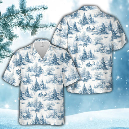 Additional front view displaying the sleigh and reindeer design on the hawaiian shirt