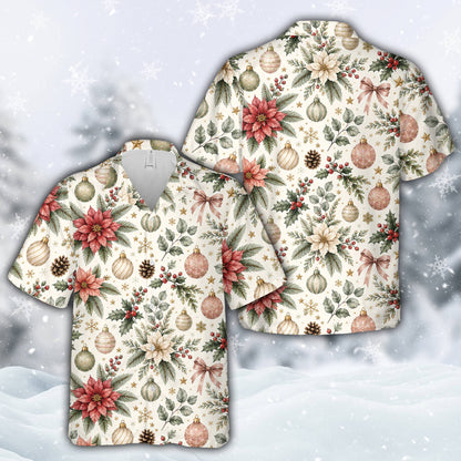 White vintage style holiday hawaiian shirt, front view