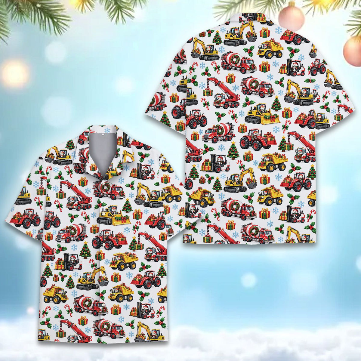 Another front view of the white holiday matching family hawaiian shirt