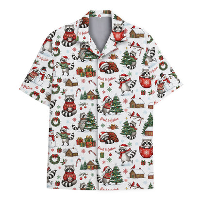 Front view of the holiday raccoon matching family hawaiian shirts