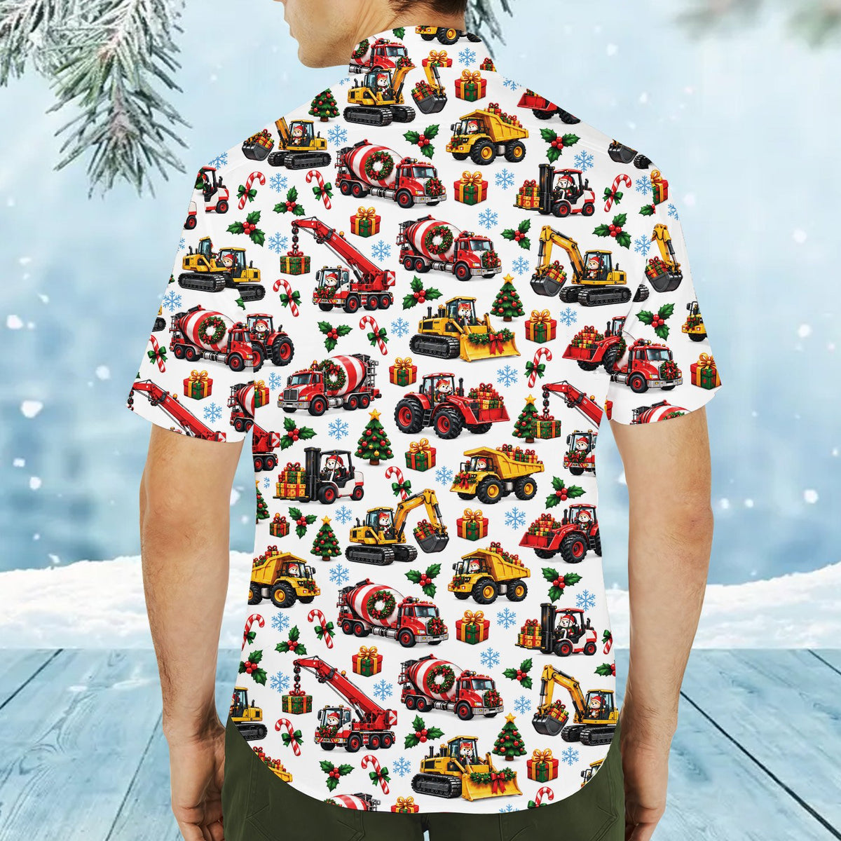 Additional front angle of the festive construction vehicle hawaiian shirt