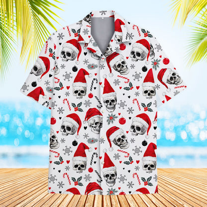 Matching family christmas hawaiian shirt with santa skulls design on white background, front view