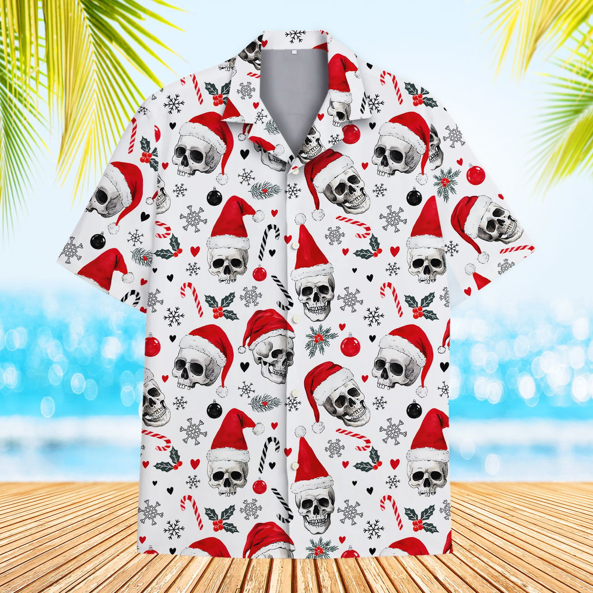 Front detail of the christmas hawaiian shirt featuring candy canes and ornaments