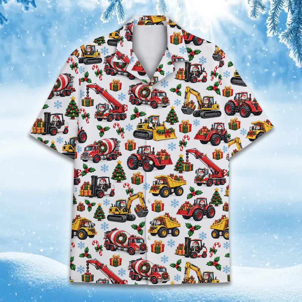 Front view of the white matching family hawaiian shirt with holiday dump trucks and excavators