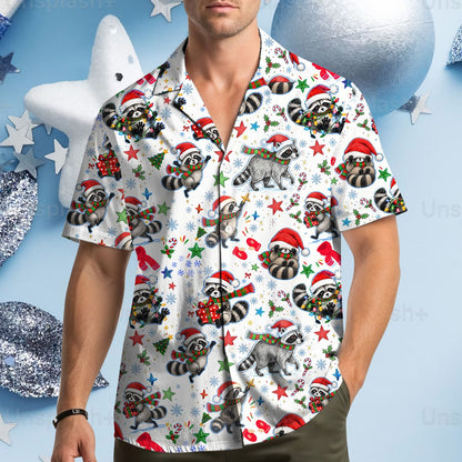 White christmas hawaiian shirt with raccoon print, front view.