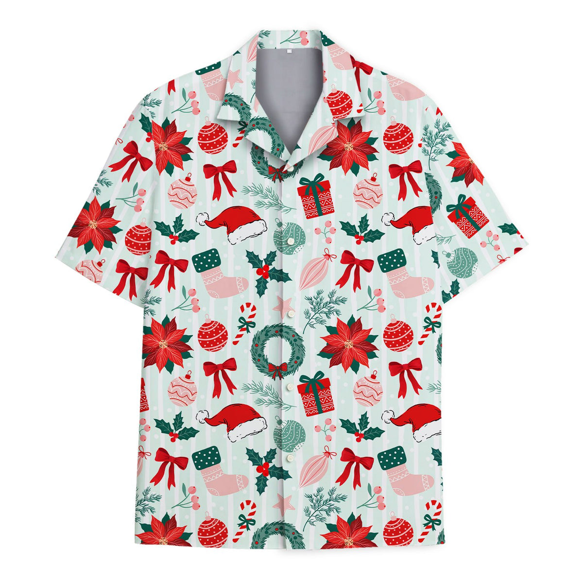 Main view of the matching family christmas hawaiian shirt with mint green and white stripes