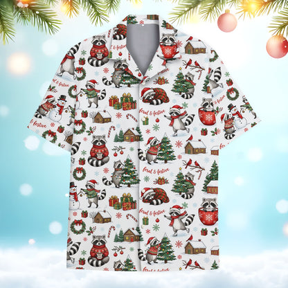 Main view of the festive raccoon christmas hawaiian shirt on a white background
