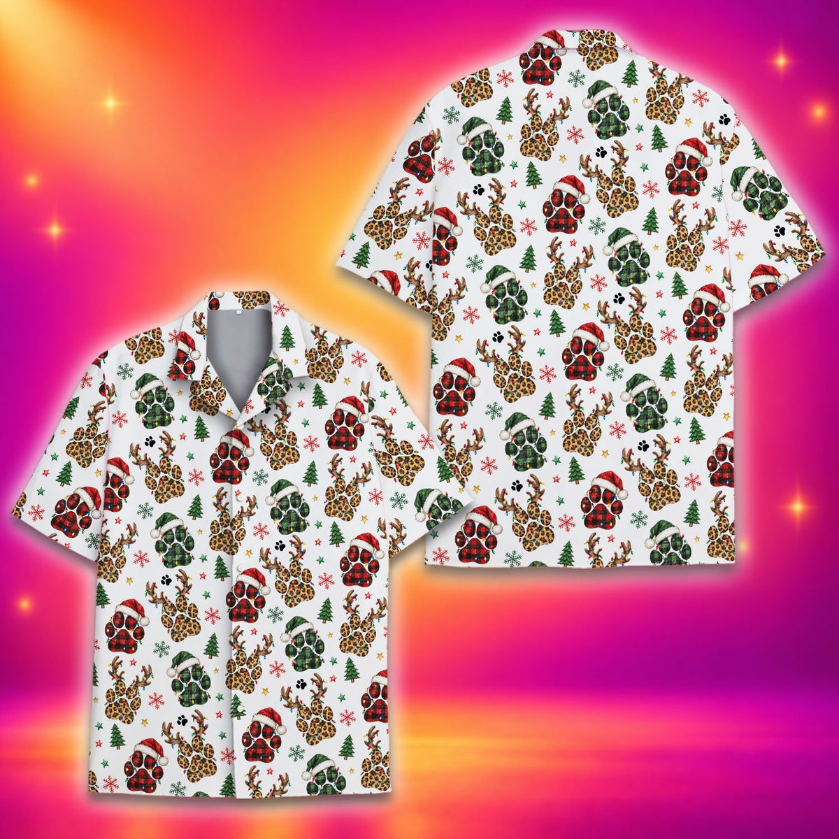 Matching family christmas hawaiian shirts with leopard and plaid paw prints, main view