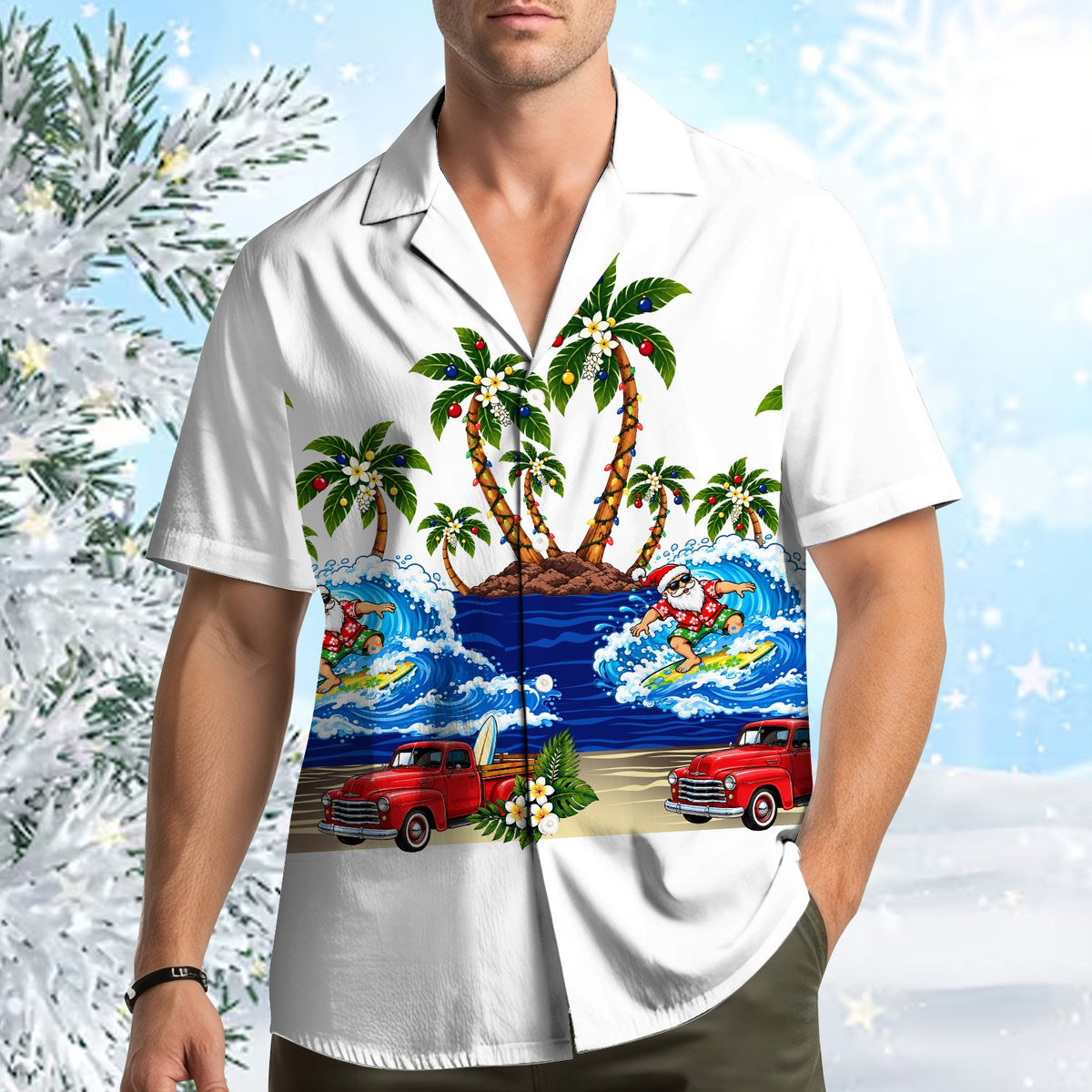 Main view of the matching family christmas hawaiian shirt featuring a surfing Santa and vintage red truck on a white background
