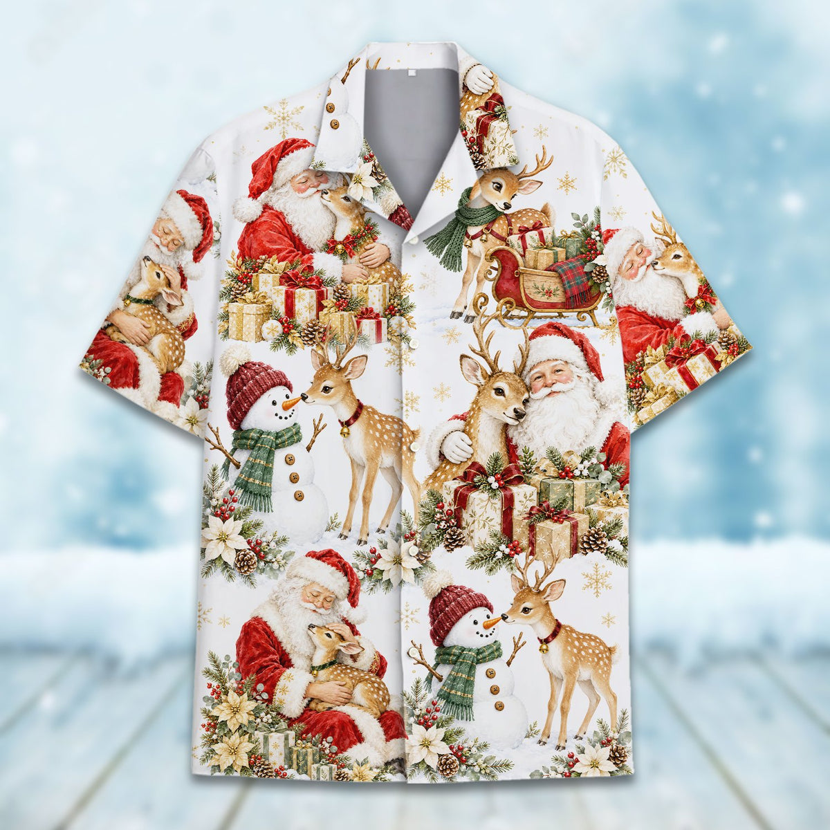 Front view of white holiday hawaiian shirt with Santa and snowmen