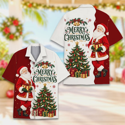 Front detail of the white side of the matching family hawaiian shirt with Christmas tree graphic