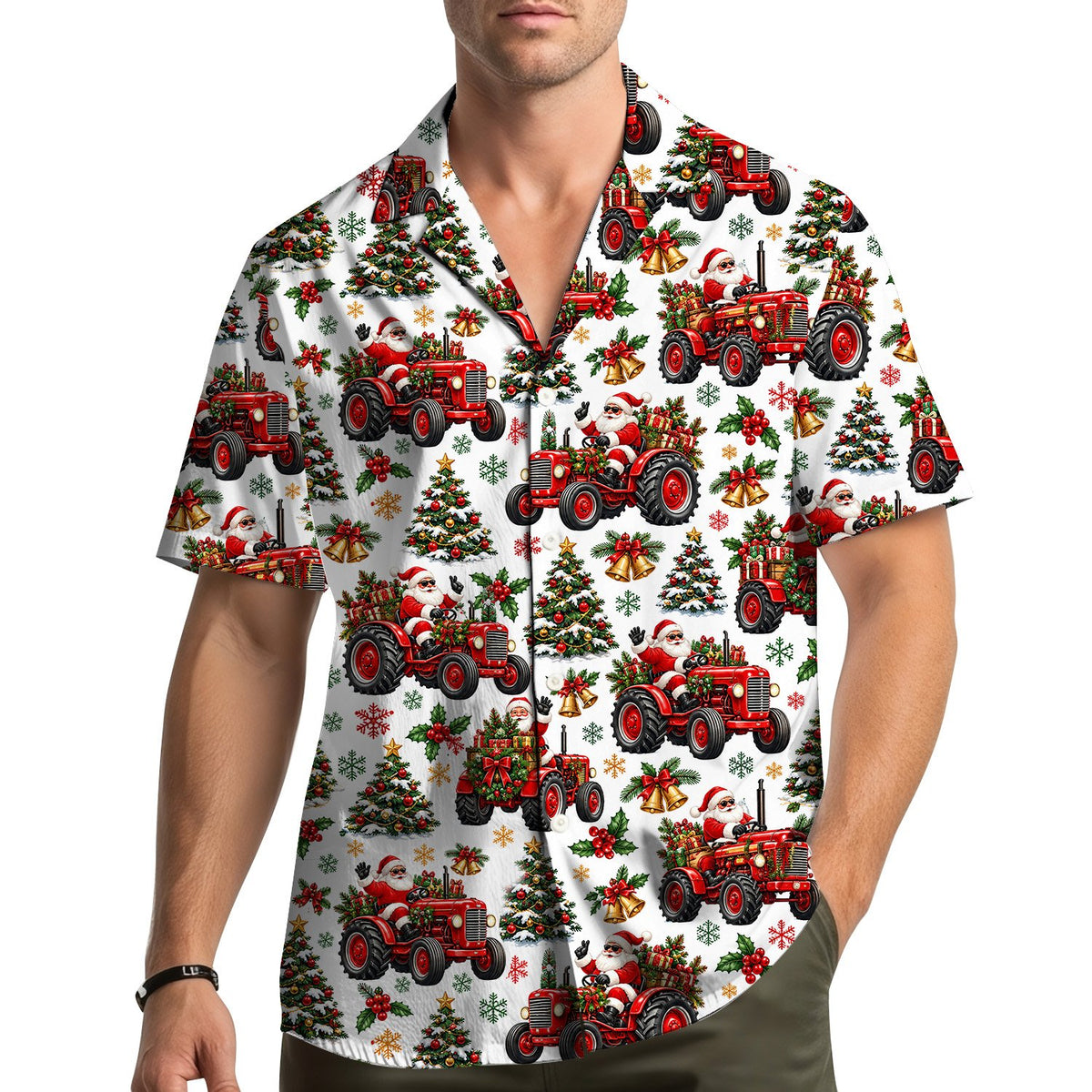 Matching family hawaiian shirts with Santa tractor christmas design on white background, main view