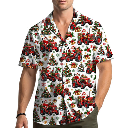 Matching family hawaiian shirts with Santa tractor christmas design on white background, main view