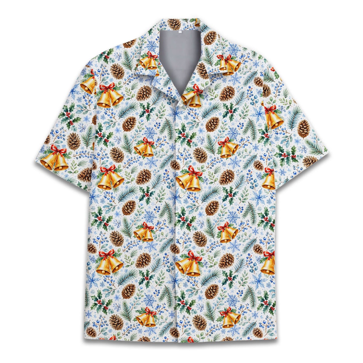 Matching family hawaiian shirts featuring a ladies hawaiian christmas shirt design with golden bells and pinecones.