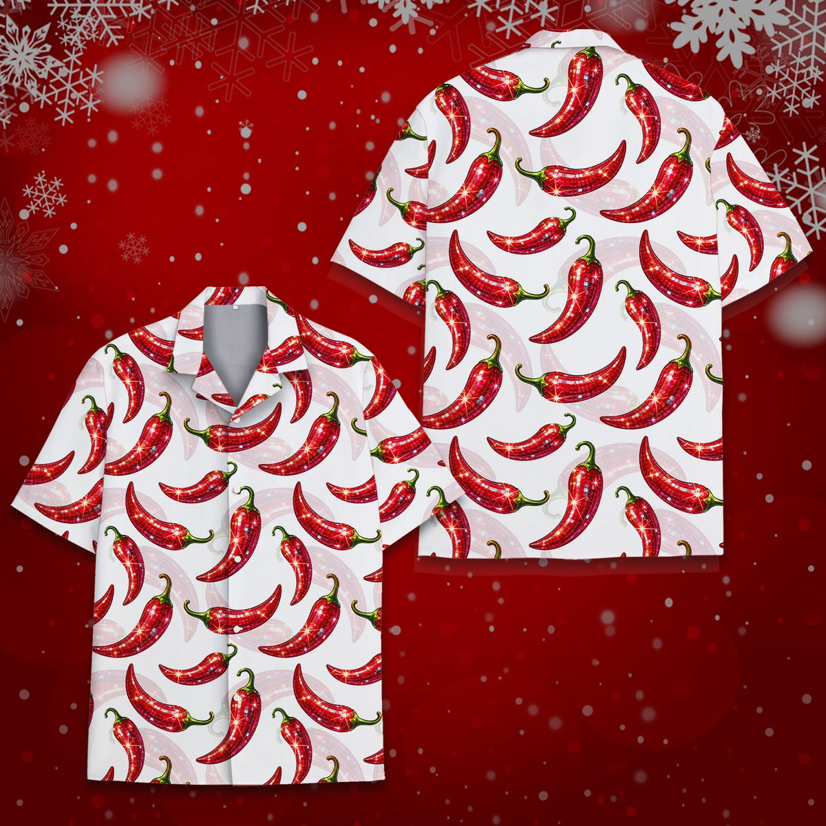 White matching family Christmas hawaiian shirt featuring disco chili peppers, front view