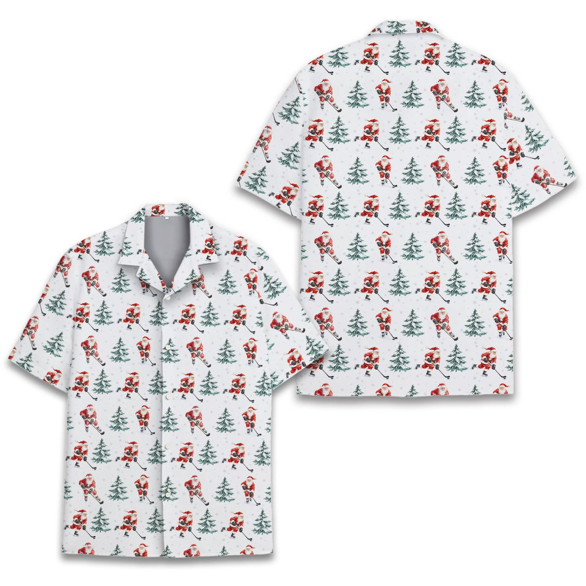 Front view of the white matching family hawaiian shirt with Santa and pine trees