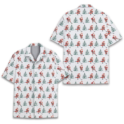 Christmas hawaiian shirt featuring Santa playing hockey on a white background, main view