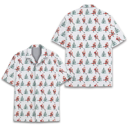 Christmas hawaiian shirt featuring Santa playing hockey on a white background, main view