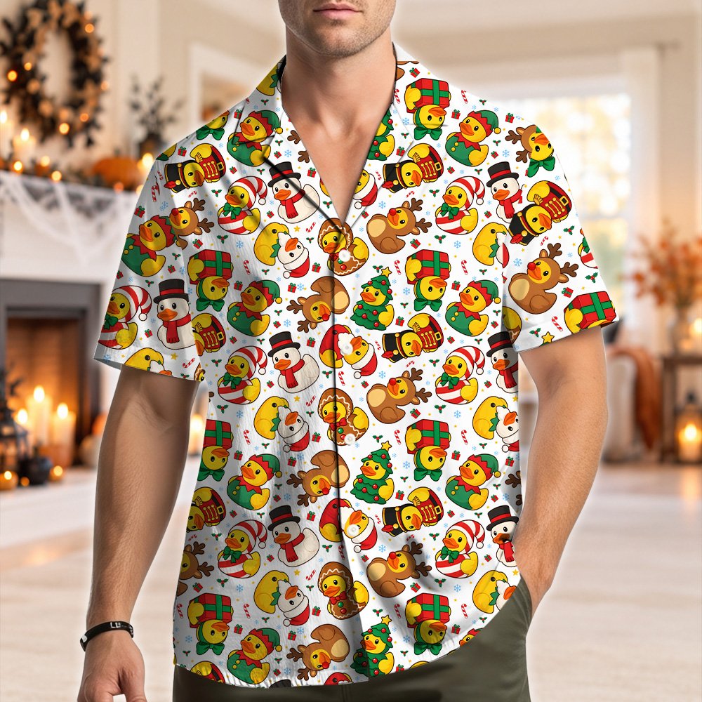Matching family christmas hawaiian shirt with holiday duck pattern, main view