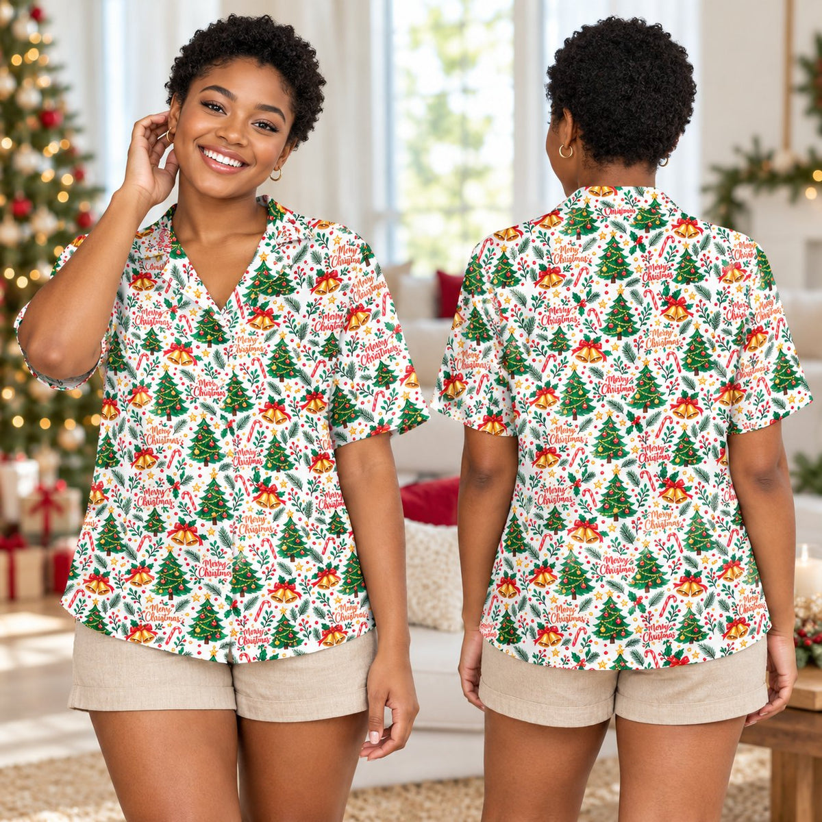 Lifestyle view showing the white christmas hawaiian shirt worn as part of a family matching set