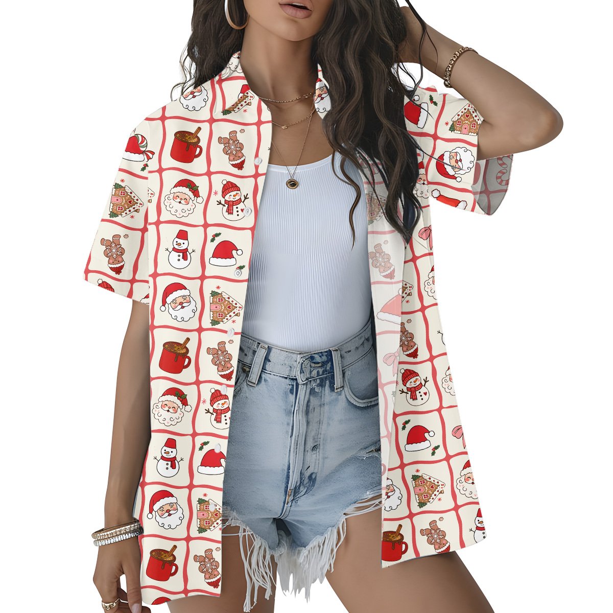 Second lifestyle image showing the festive holiday doodle button-down shirt