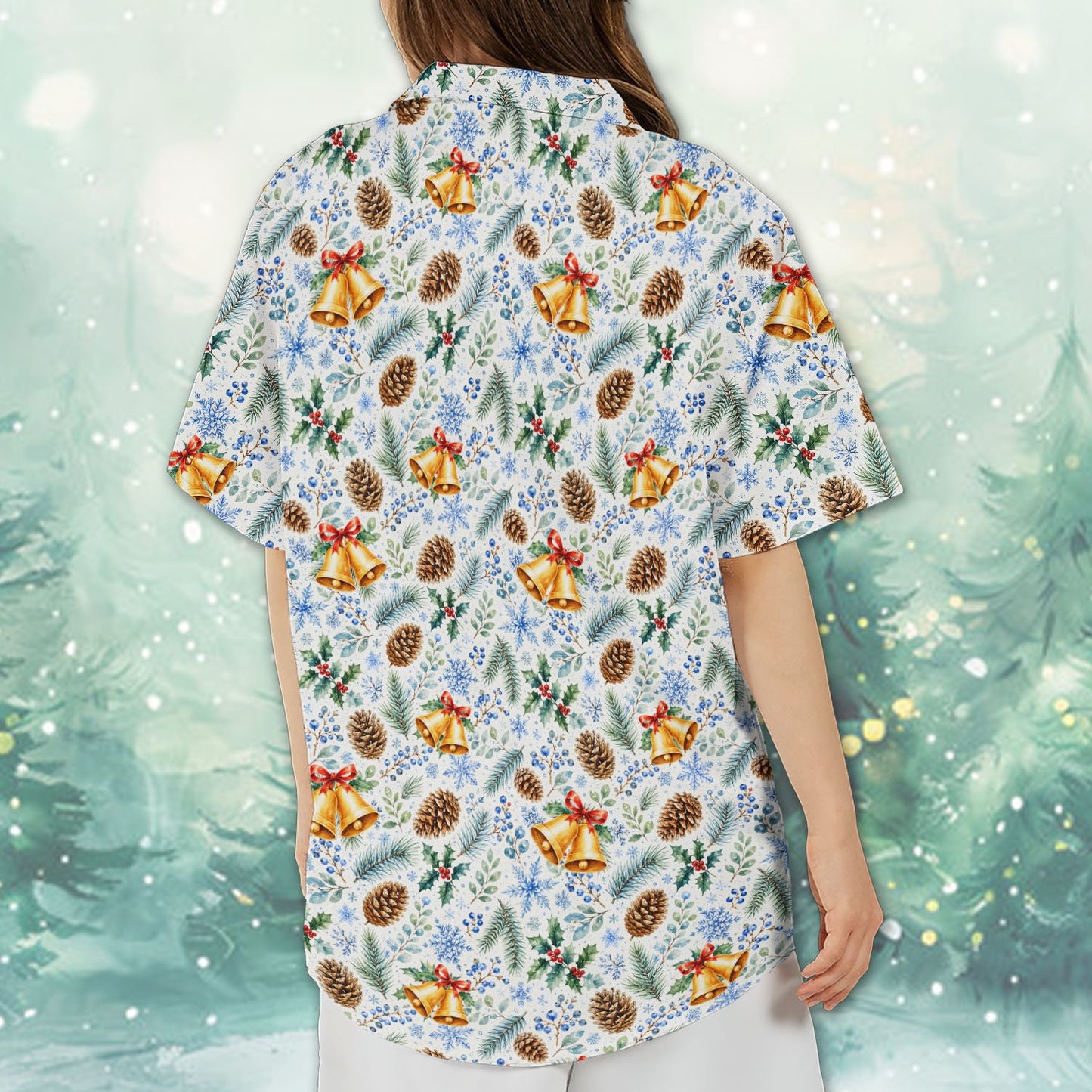 Lifestyle view showing the ladies hawaiian christmas shirt outdoors.