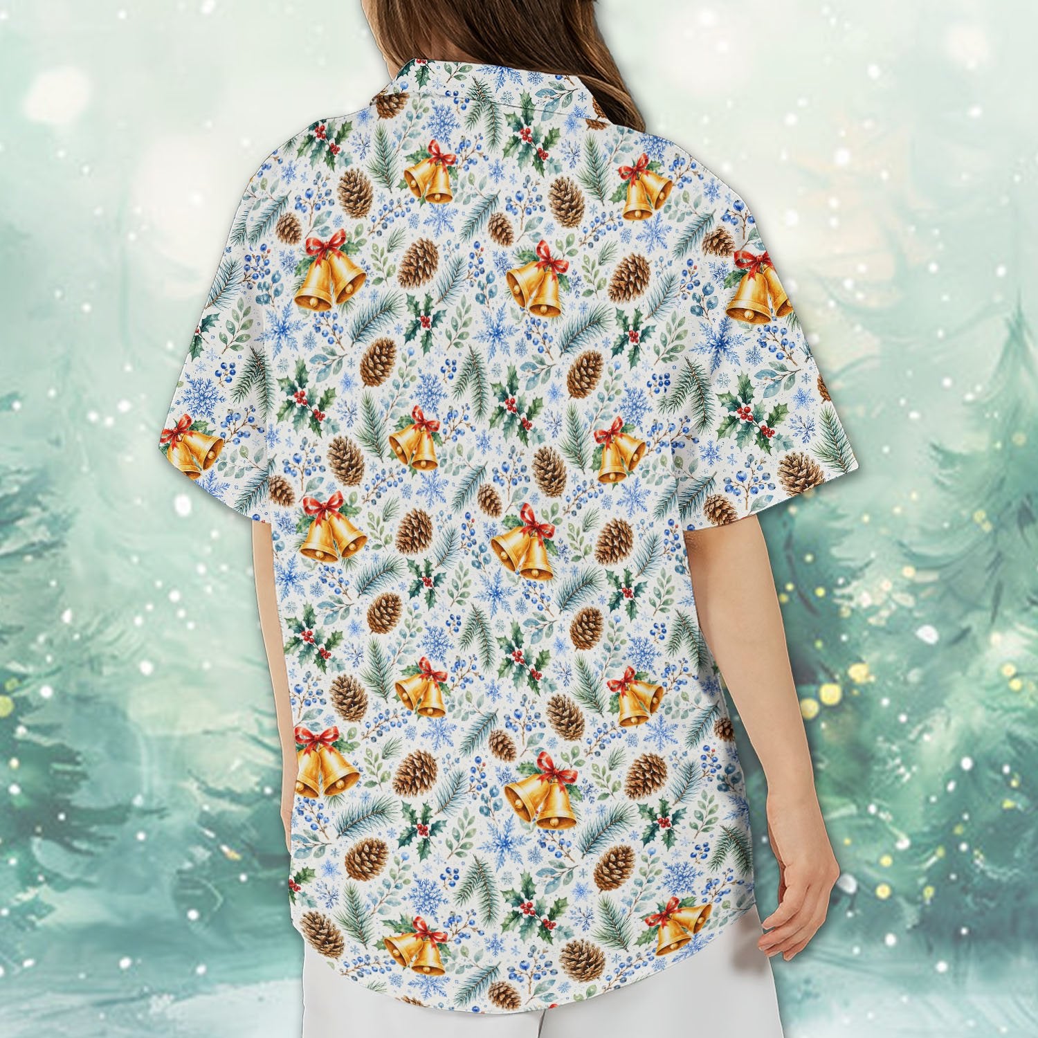 Lifestyle view showing the ladies hawaiian christmas shirt outdoors.