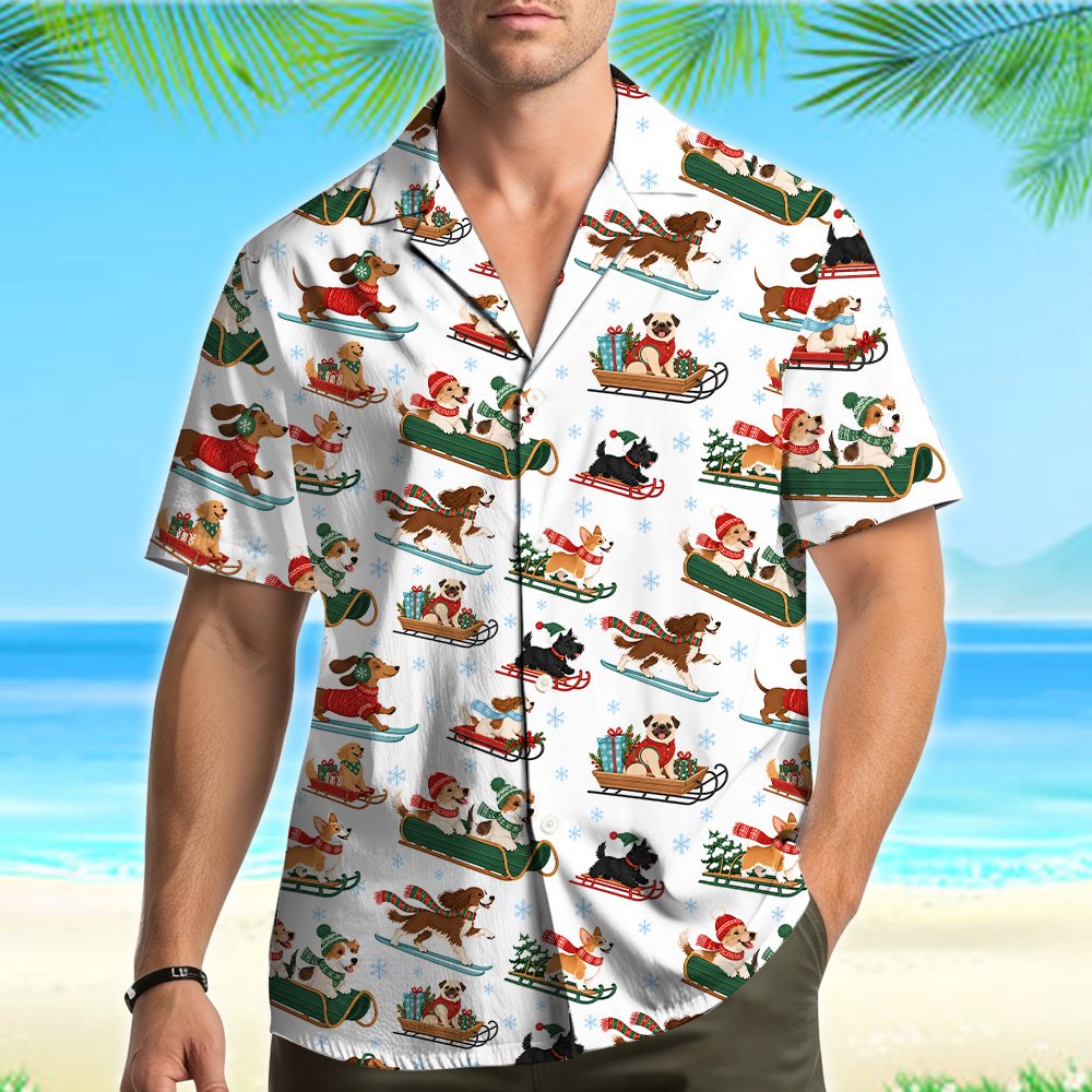 Close-up lifestyle view of the white holiday hawaiian shirt on a person