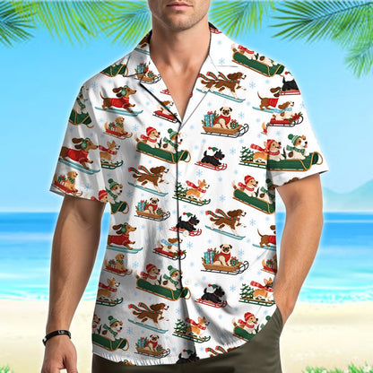 Close-up lifestyle view of the white holiday hawaiian shirt on a person