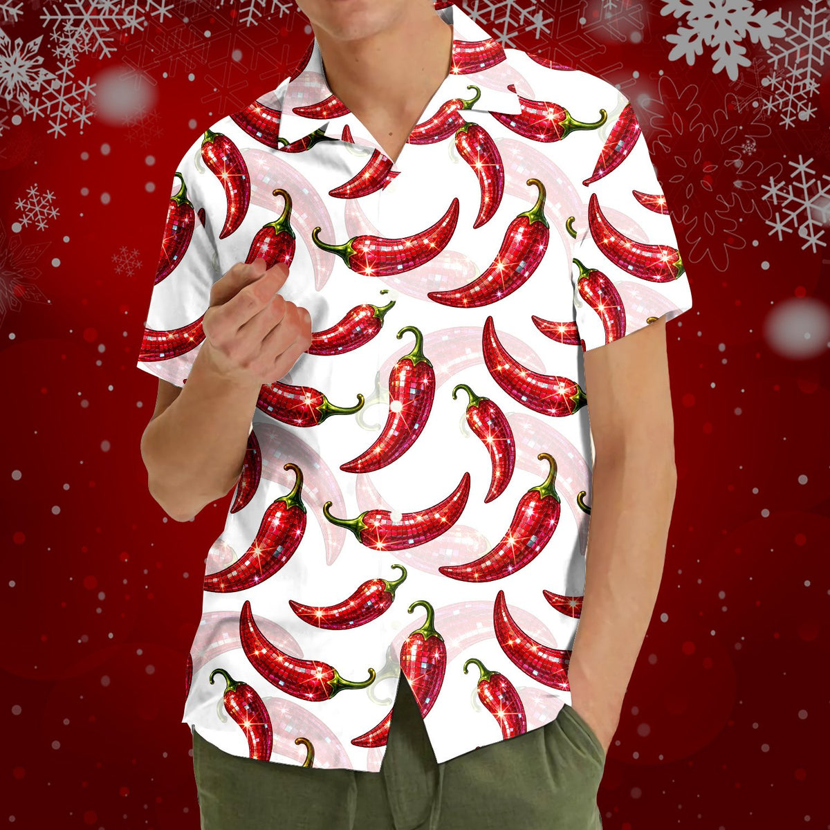 Third lifestyle view of a person wearing the white matching family Christmas hawaiian shirt