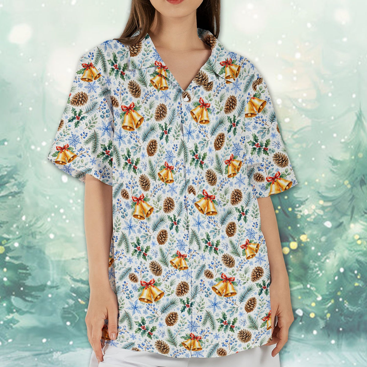 Lifestyle perspective highlighting the festive bells and pinecones pattern.