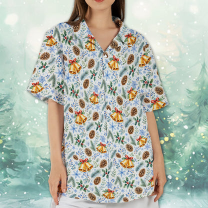 Lifestyle perspective highlighting the festive bells and pinecones pattern.