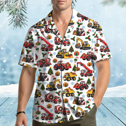 Lifestyle view of someone wearing the matching family hawaiian shirt with festive construction vehicles