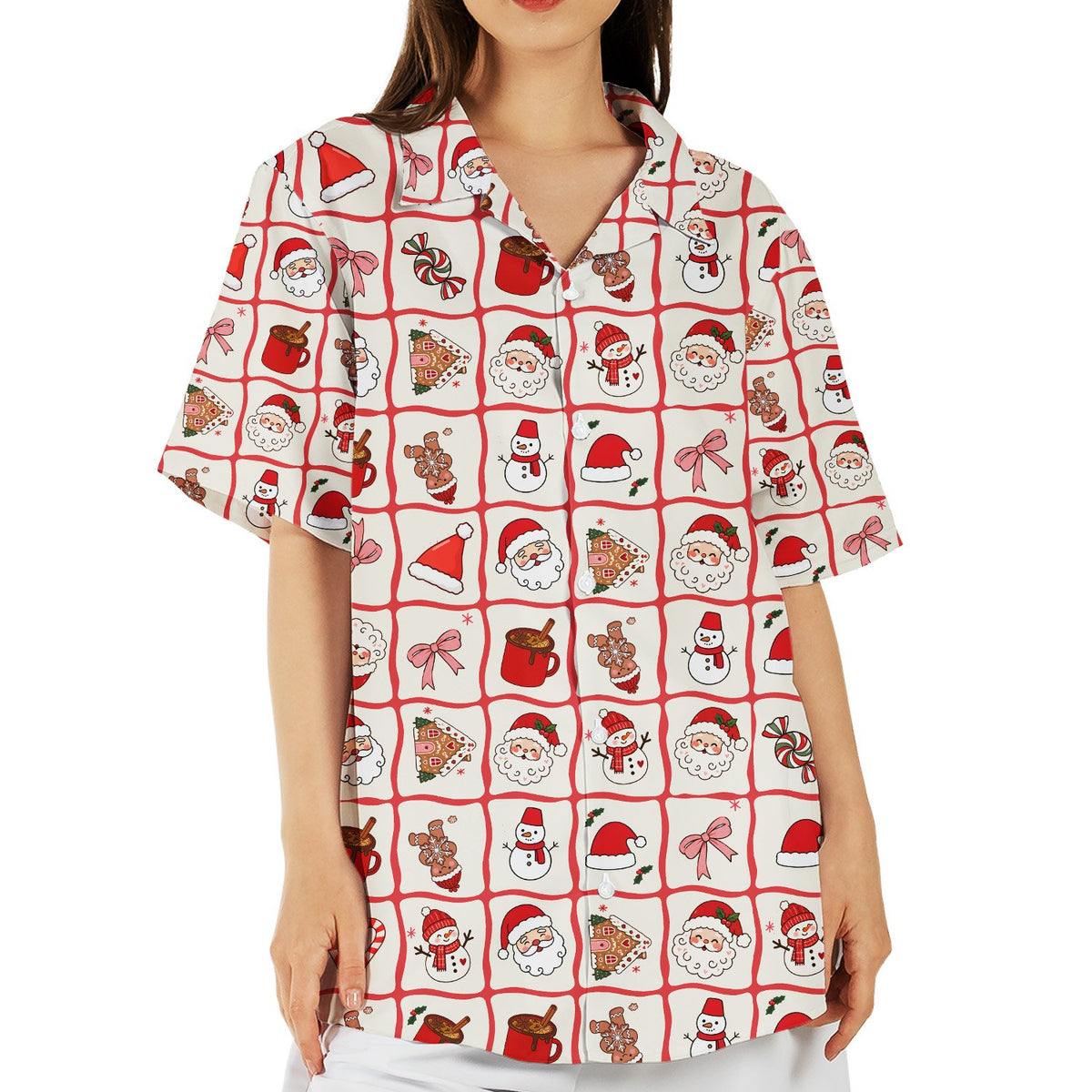 Lifestyle image of someone wearing the white Christmas hawaiian shirt