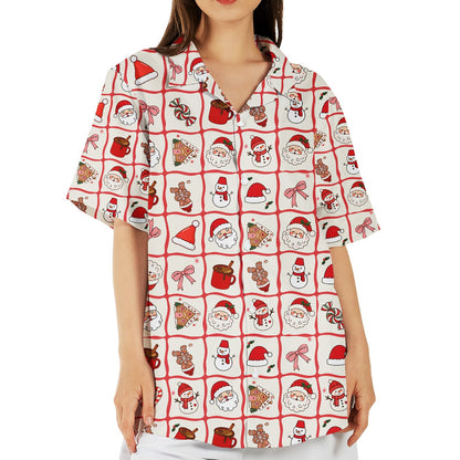 Lifestyle image of someone wearing the white Christmas hawaiian shirt