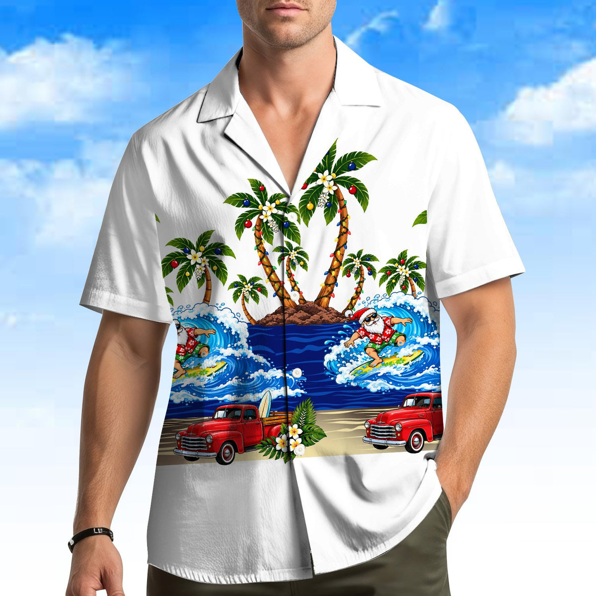 Lifestyle view of a family wearing the matching family hawaiian shirts with the surfing Santa design