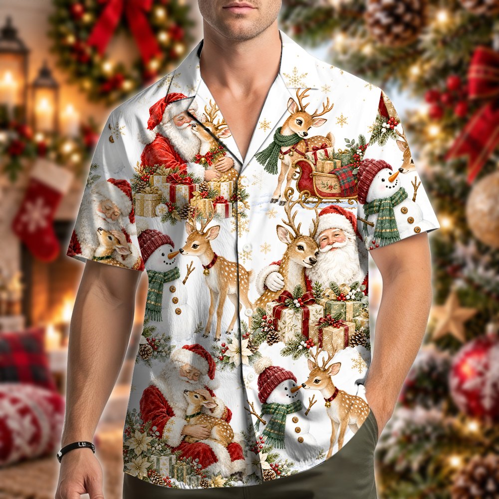 Lifestyle view of someone wearing the christmas hawaiian shirt