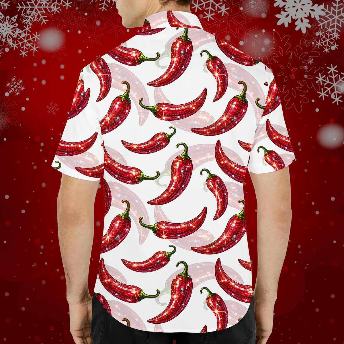 Lifestyle view of a person wearing the white matching family Christmas hawaiian shirt