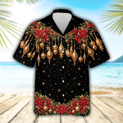 Front view of the black christmas hawaiian shirt with red bows and green pine needles